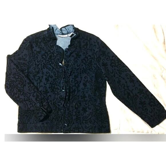 Tantrum Black Brocade Ruffled Front Denim Zipper Jacket XL-Statement piece - Picture 1 of 10